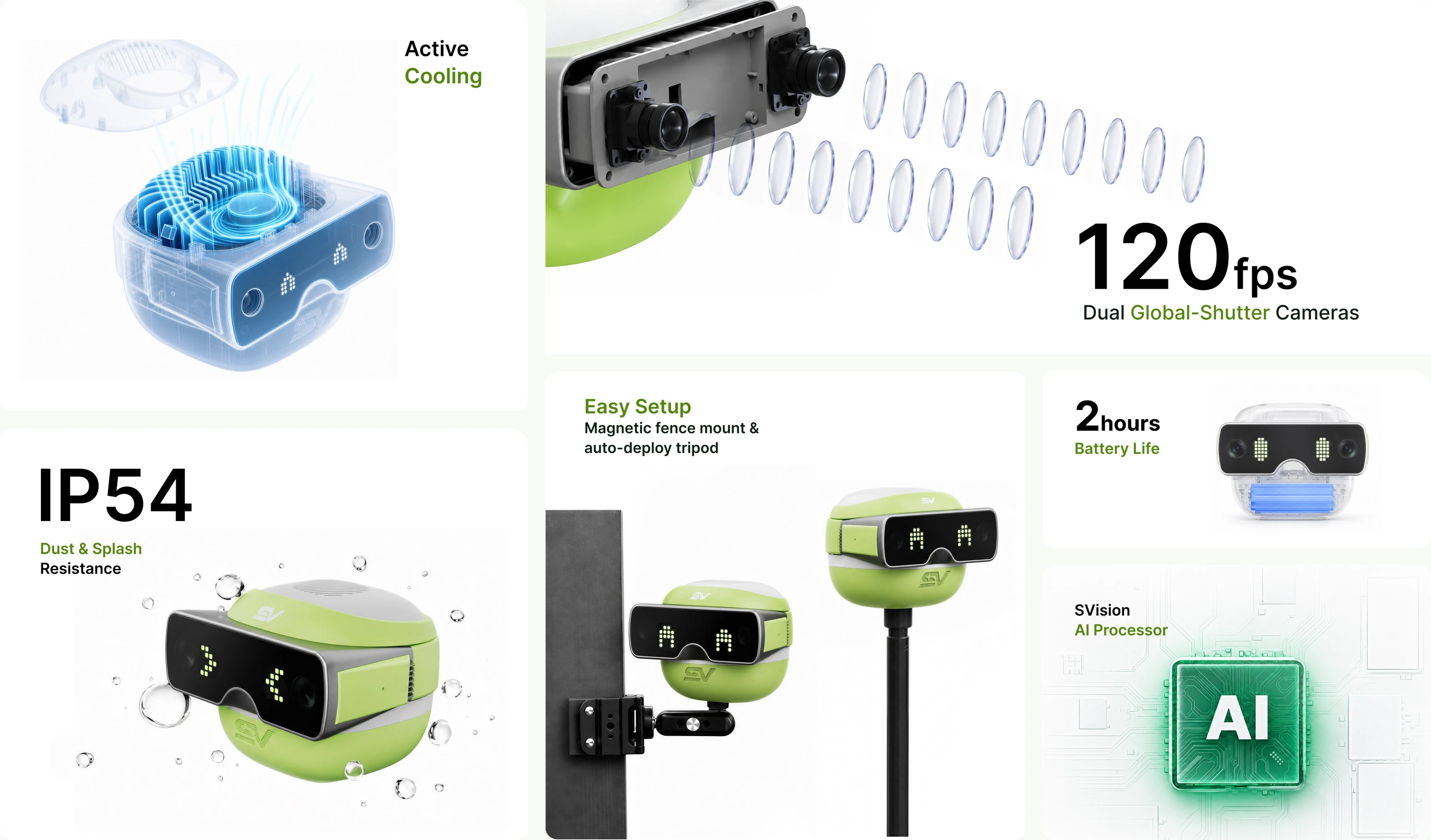 Active cooling, dual 120 fps global-shutter cameras, IP54 dust and splash resistance, magnetic fence mount and auto-deploy tripod, up to two hours of battery life, and the SVision AI processor