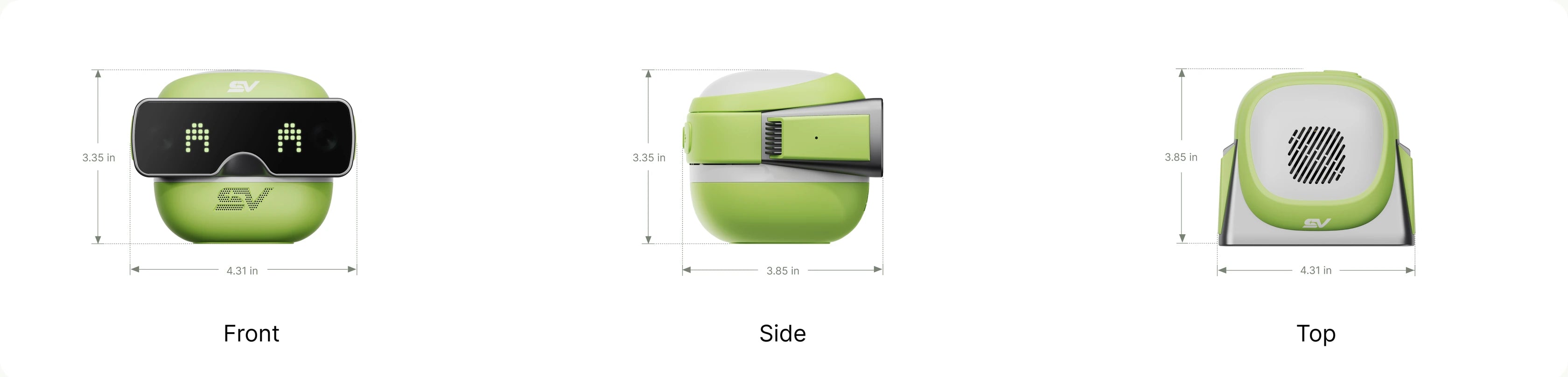 Front, side and top views. Dimensions 4.31 by 3.85 by 3.35 inches.